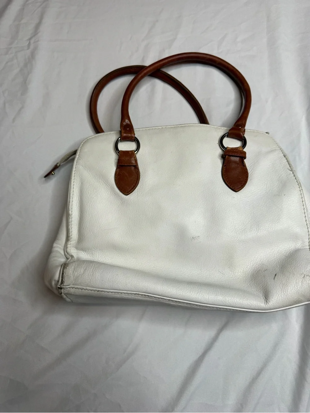 Liz Claiborne Genuine Leather White Satchel Brown Handle Shoulder Purse Bag